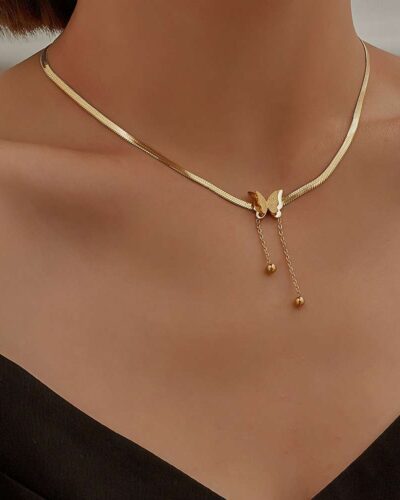 Stainless Steel Snake Chain Gold Butterfly Pendant Necklace