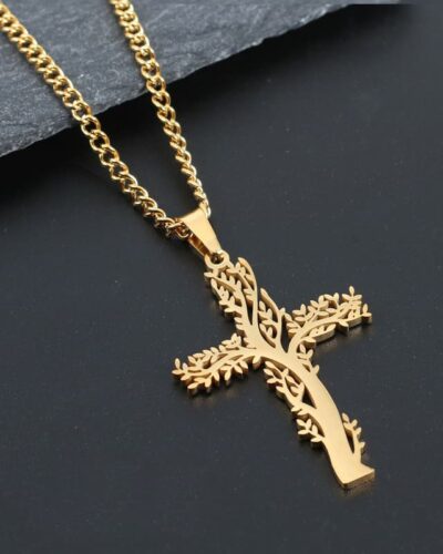 Stainless Steel Tree of Life Cross Necklace Unisex