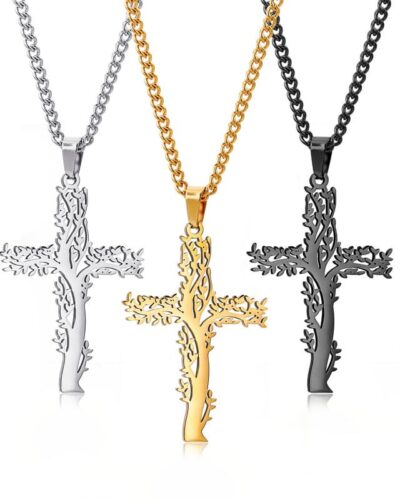 Stainless Steel Tree of Life Cross Necklace Unisex