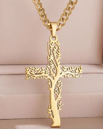 Stainless Steel Tree of Life Cross Necklace Unisex