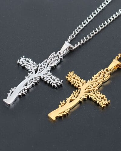 Stainless Steel Tree of Life Cross Necklace Unisex