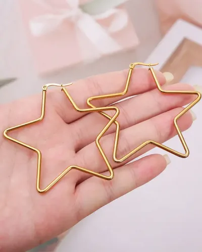 Alternative view of Statement Pentagram Gold Plated Stainless Steel Star Earrings