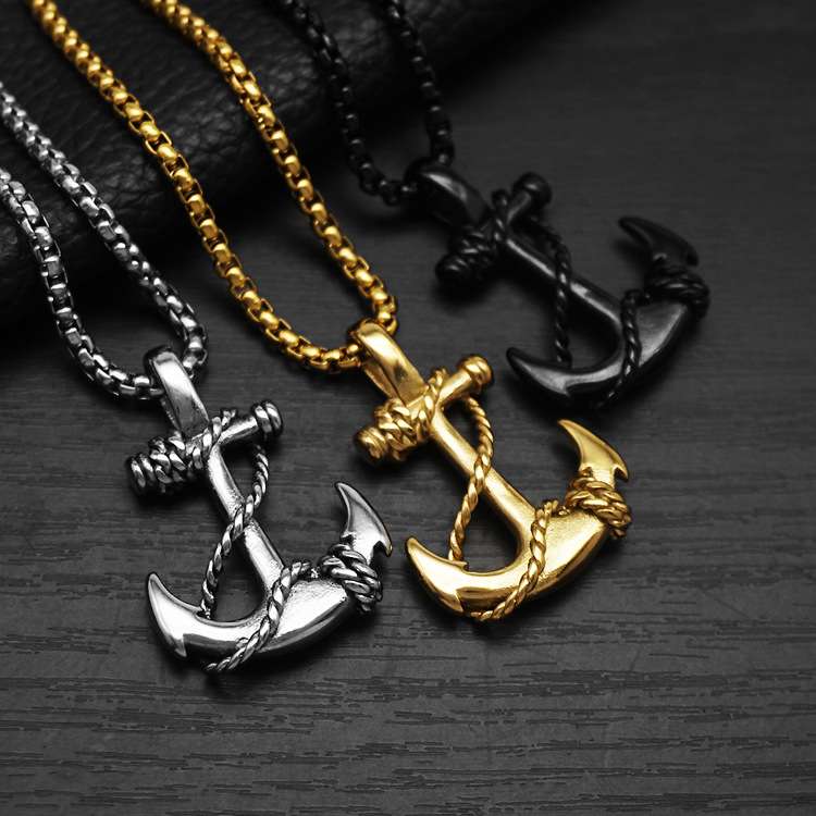 Statement Stainless Steel Anchor Pendant Necklace for Men