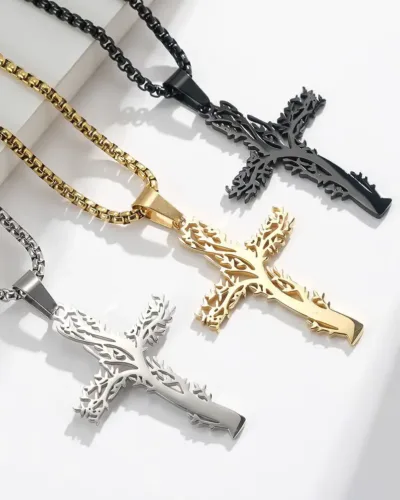 Statement Stainless Steel Tree of Life Cross Necklace