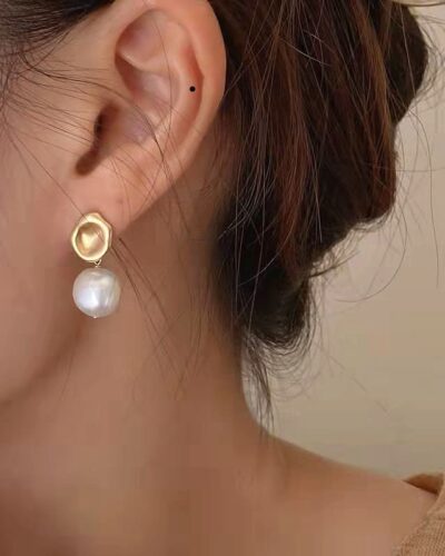 Stylish Gold Baroque Freshwater Pearl Earrings Drop