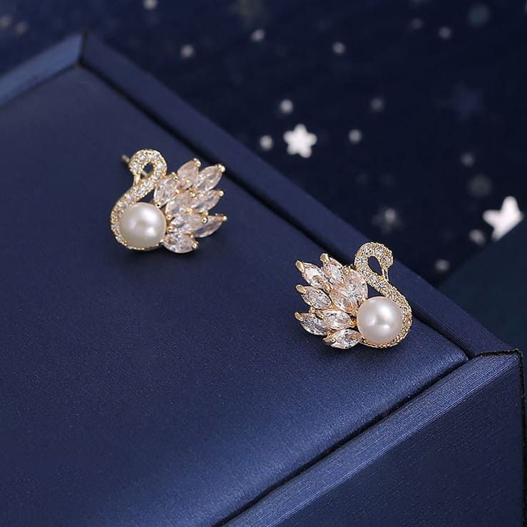 Swan Diamond and Pearl Earrings S925 Sterling Silver