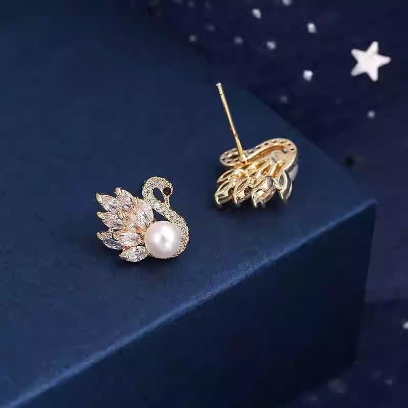 Swan Diamond and Pearl Earrings S925 Sterling Silver