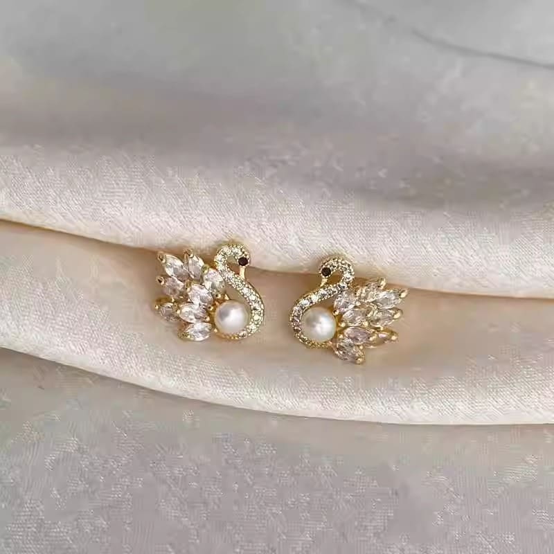 Swan Diamond and Pearl Earrings S925 Sterling Silver