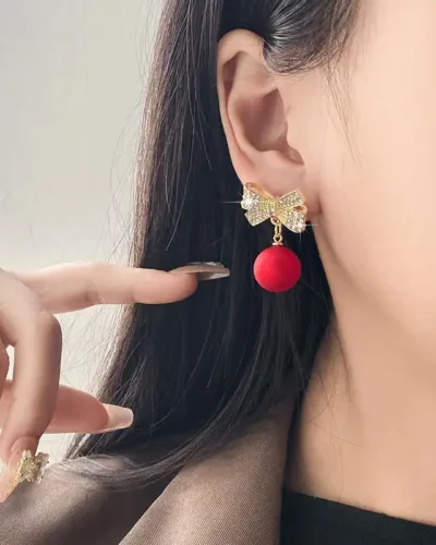 Sweet Ball Pendant Christmas Bow Earrings for Women