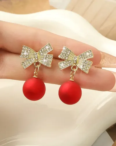 Alternative view of Sweet Ball Pendant Christmas Bow Earrings for Women
