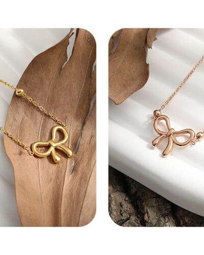 Sweet Gold Plated Bow Stainless Steel Necklace for Women 9