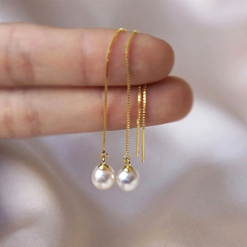 Thin Single Pearl Threader Earrings Gold & Silver