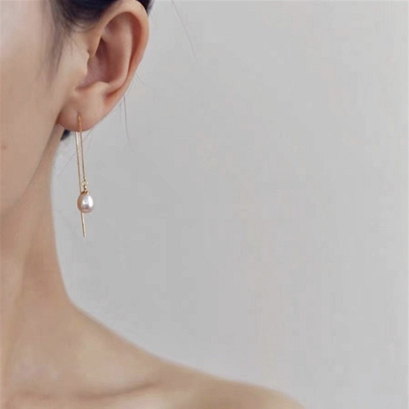 Thin Single Pearl Threader Earrings Gold & Silver