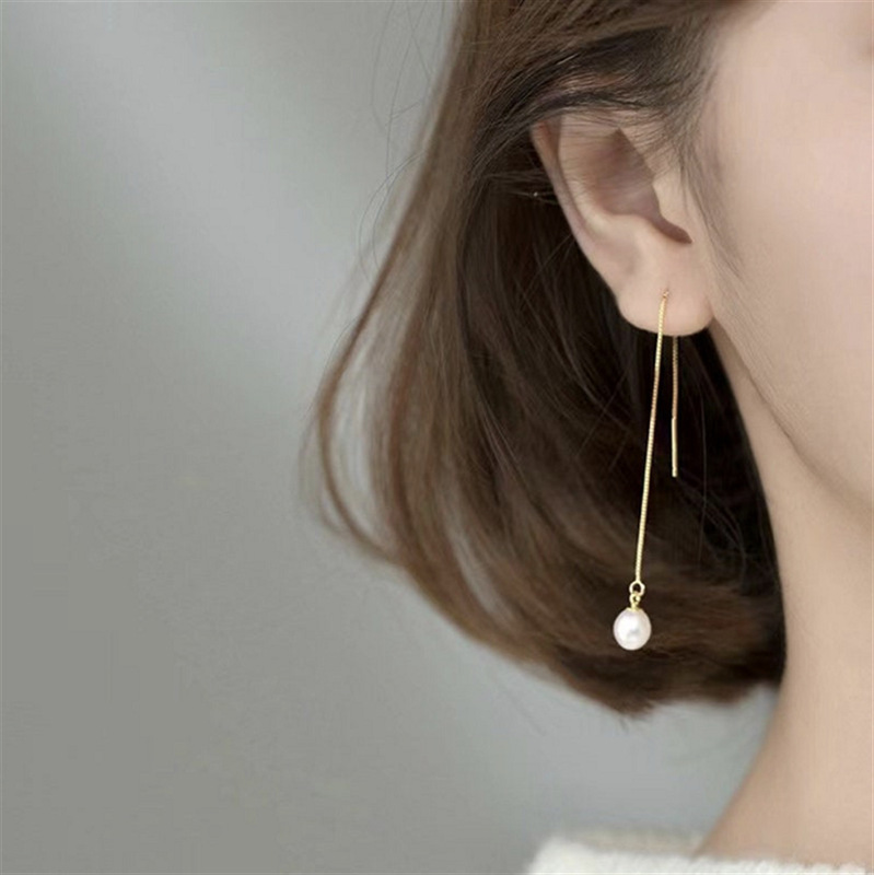 Thin Single Pearl Threader Earrings Gold & Silver