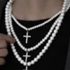 Trendy Stainless Steel White Pearl Cross Choker Necklace for Men