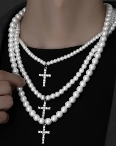 Trendy Stainless Steel White Pearl Cross Choker Necklace for Men