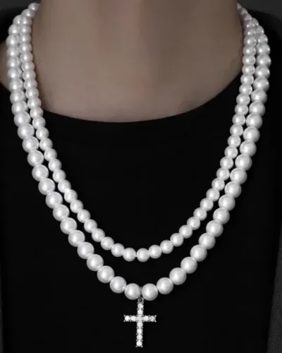 Alternativní pohled na Trendy Stainless Steel White Pearl Cross Choker Necklace