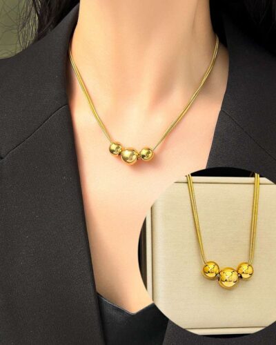 Triple Lucky Bead Gold Plated Stainless Steel Ball Necklace