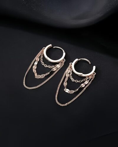 Triple Tassel Chain Dangling Tiny Huggie Hoop Earrings