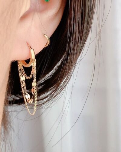 Triple Tassel Chain Dangling Tiny Huggie Hoop Earrings