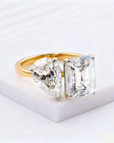 Two-Stone Ring with Emerald Cut and Pear Cut Moissanite