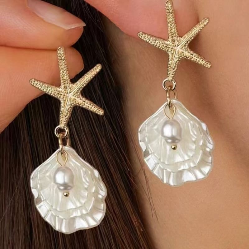 Unique Starfish Pearl and Shell Earrings Vacation Style