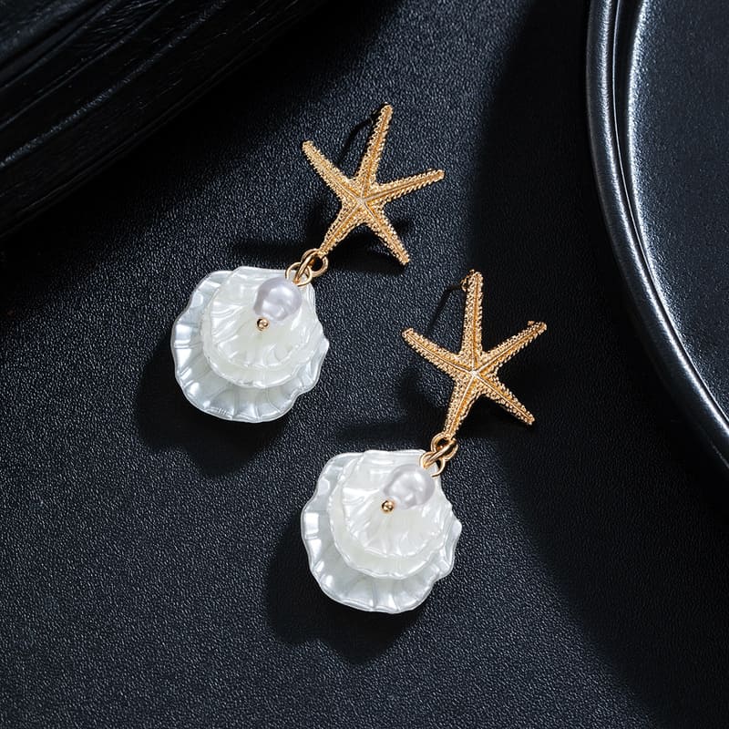 Unique Starfish Pearl and Shell Earrings Vacation Style