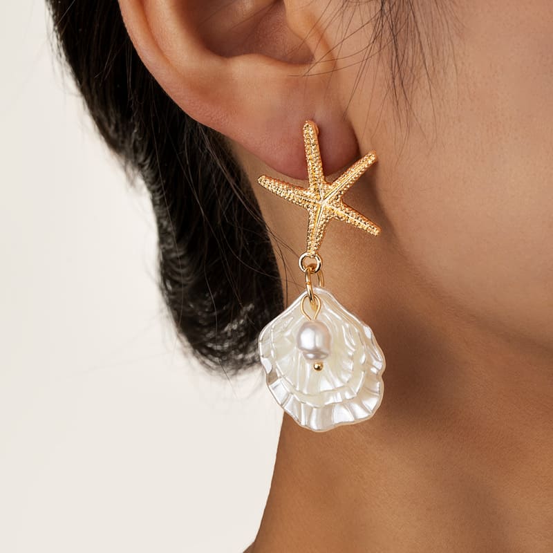 Unique Starfish Pearl and Shell Earrings Vacation Style
