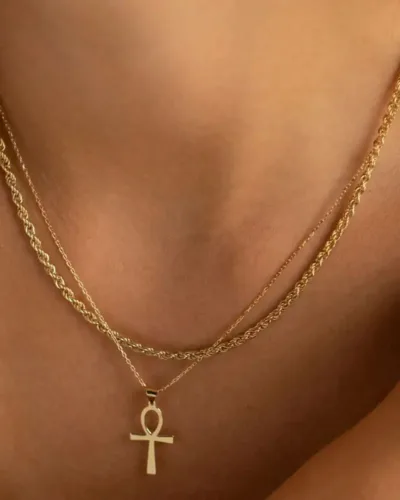 Unisex Stainless Steel Rope Chain Ankh Pendant Necklace