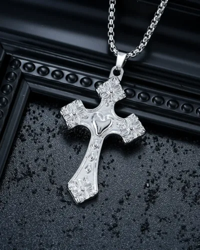 Unisex Stainless Steel Silver Cross Pendant Necklace