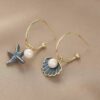 Vacation Starfish Gold Shell Pearl Earrings Hoops Open Design