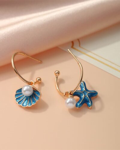 Vacation Starfish Gold Shell Pearl Earrings Hoops Open Design