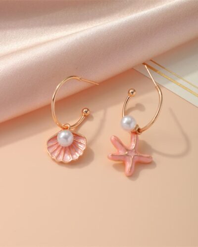 Vacation Starfish Gold Shell Pearl Earrings Hoops Open Design
