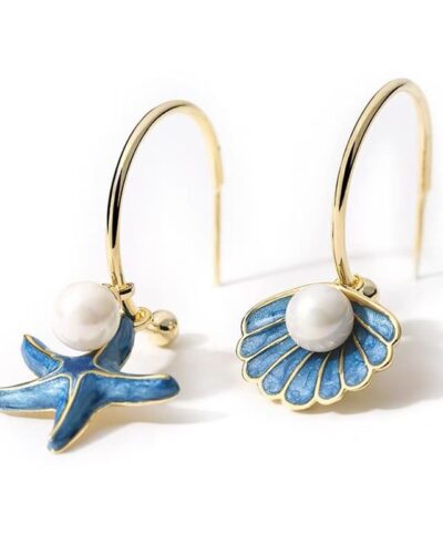 Vacation Starfish Gold Shell Pearl Earrings Hoops Open Design