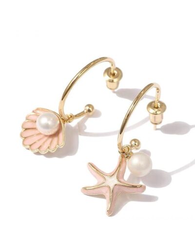 Vacation Starfish Gold Shell Pearl Earrings Hoops Open Design