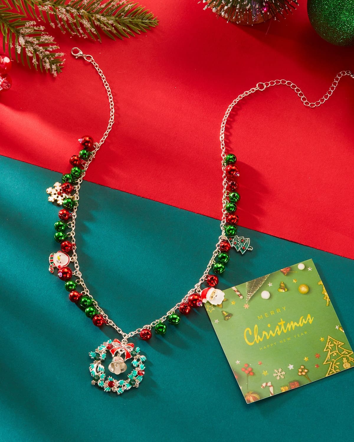 Versatile Christmas Charm Necklace Enamel Xmas Wreath