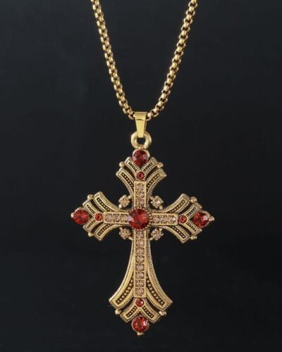 Vintage Chunky Gold Necklace Cross Pendant Punk Style