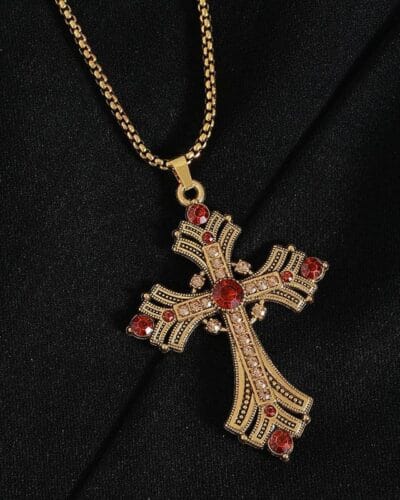 Vintage Chunky Gold Necklace Cross Pendant Punk Style