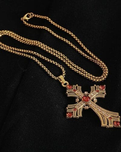 Vintage Chunky Gold Necklace Cross Pendant Punk Style