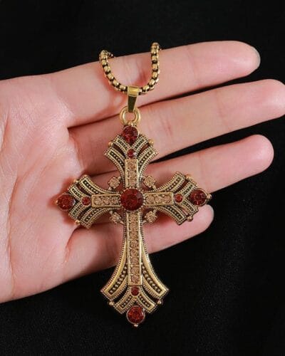 Vintage Chunky Gold Necklace Cross Pendant Punk Style