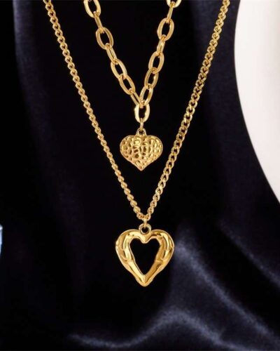Vintage Double-Layer Stainless Steel Heart Charm Necklace