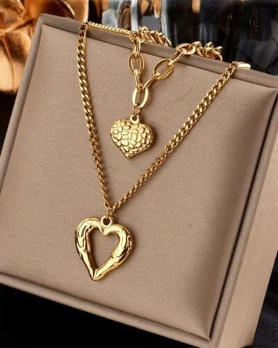 Vintage Double Layer Stainless Steel Heart Charm Necklace 3