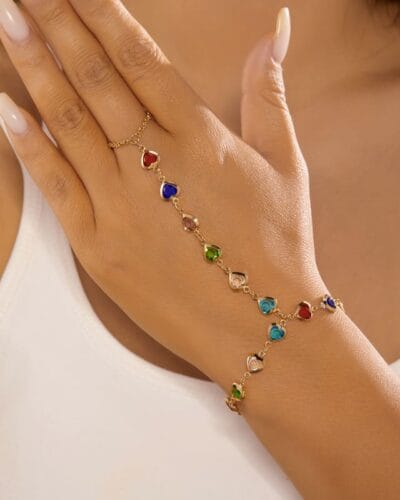 Vintage Heart Diamond Pearl Finger Ring Bracelet Gold