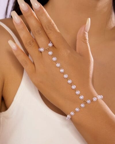 Vintage Heart Diamond Pearl Finger Ring Bracelet Gold