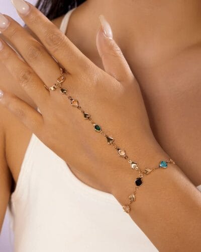 Vintage Heart Diamond Pearl Finger Ring Bracelet Gold