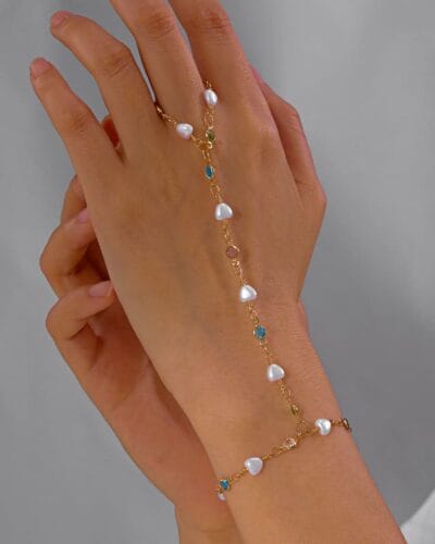 Vintage Heart Diamond Pearl Finger Ring Bracelet Gold