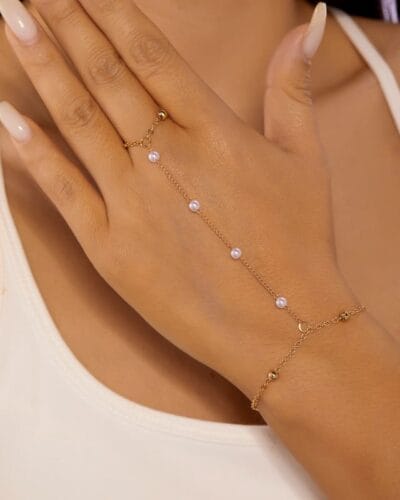 Vintage Heart Diamond Pearl Finger Ring Bracelet Gold