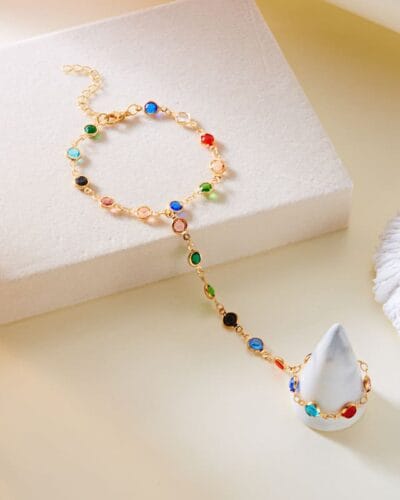 Vintage Heart Diamond Pearl Finger Ring Bracelet Gold