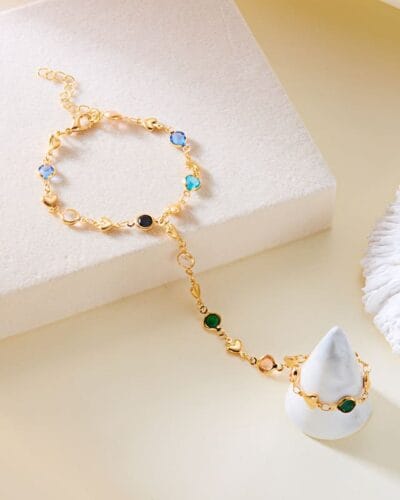 Vintage Heart Diamond Pearl Finger Ring Bracelet Gold