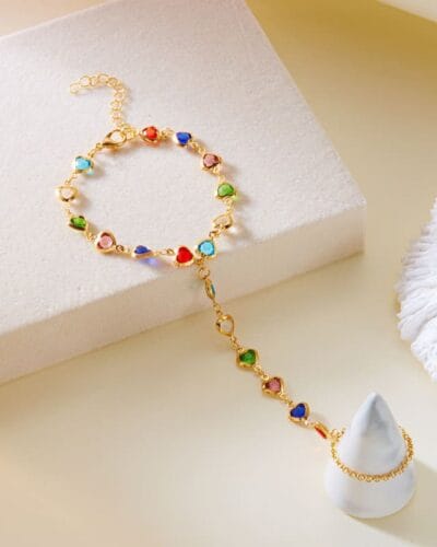 Vintage Heart Diamond Pearl Finger Ring Bracelet Gold